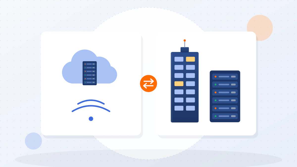 ภาพประกอบเปรียบเทียบ Cloud ERP กับ On-premise ERP: ฝั่งซ้ายเป็นระบบบนคลาวด์ ฝั่งขวาเป็นเซิร์ฟเวอร์ติดตั้งในอาคารสำนักงาน